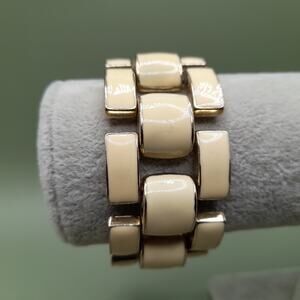 Vintage Cream Enamel Wide Articulated Bracelet, Gold Tone, 1980s, 7 1/2 In